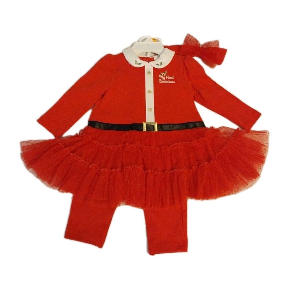 Baby Girl 1st Christmas 3 PC Set Sz 12M Red Dress Pants Headband Holiday Outfit